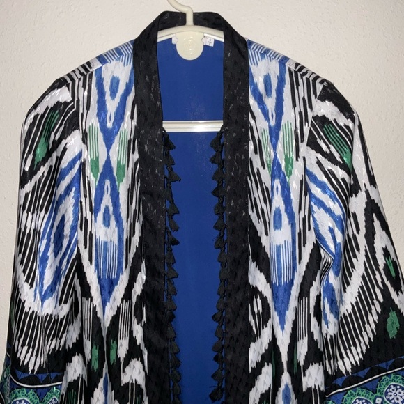 Chico's Kimono 40th Anniversary Border Tassel Ikat Boho Size 4-Small (Chico's 0) - Picture 2 of 13